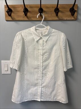 White Embroidered Eyelet Button-Down Blouse